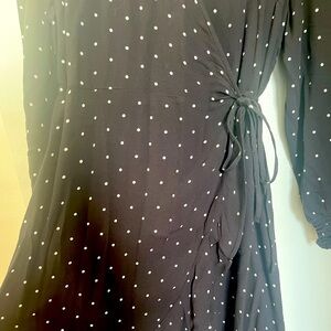 Black polka dot wrap midi dress
